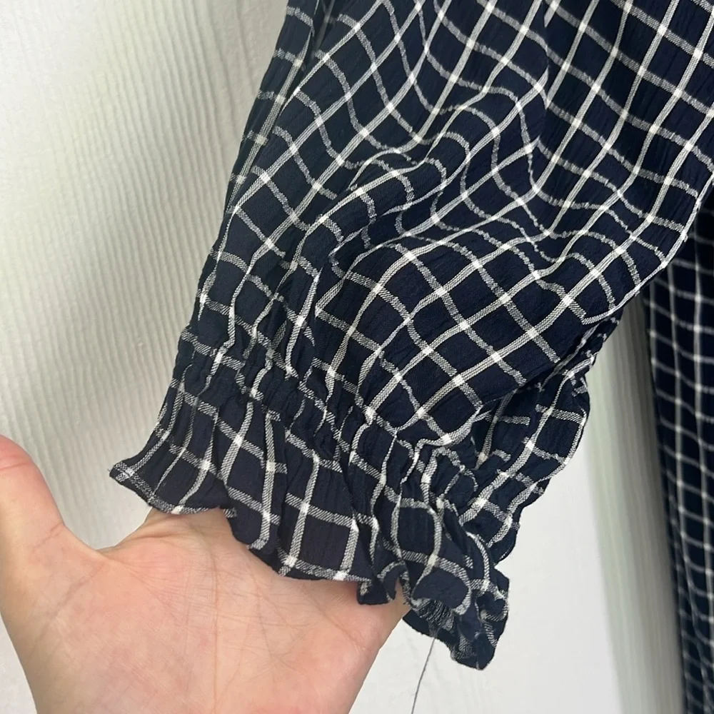 Anthropologie - Maeve Sara Navy Blue Windowpane Plaid Midi Dress Size Medium - Picture 5 of 15